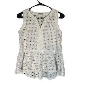 Halogen White Netted Cotton Knit Sleeveless Peplum Style Blouse Women Sz XS